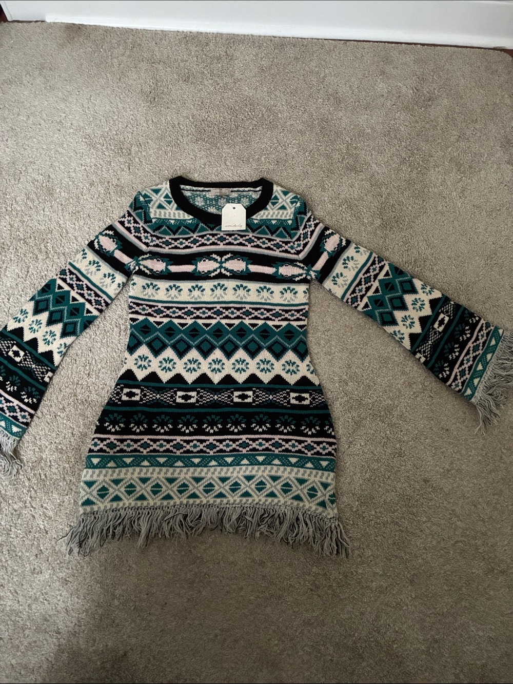Wonderly Teal, Cream & Black Patterned Fringe Crewneck Sweater